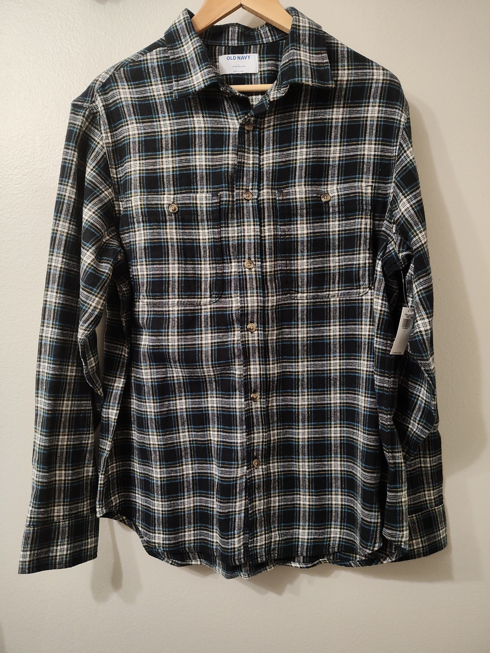 Old Navy Blue, Yellow, White Tartan Plaid Flannel Long Sleeve Button-Down Shirt